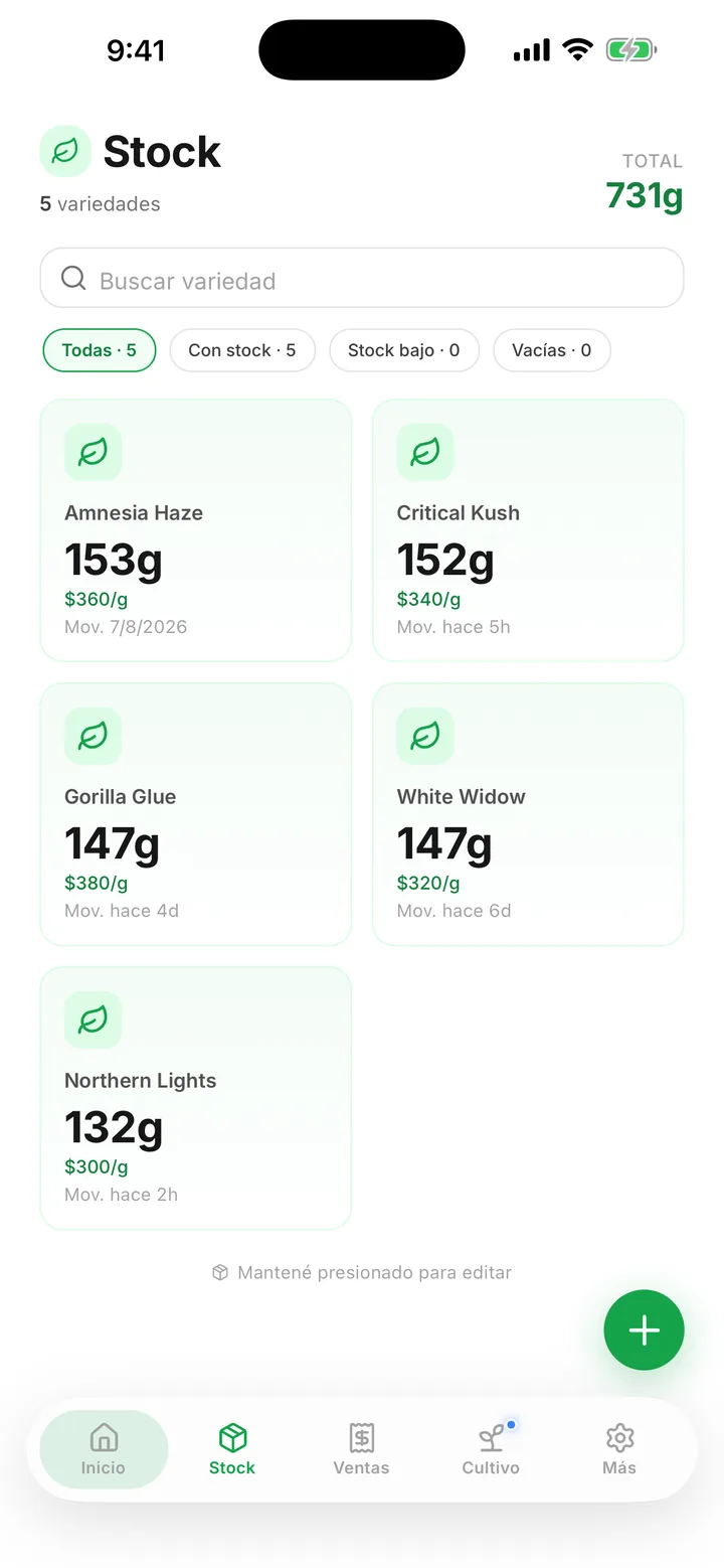 Pantalla de stock: cinco variedades con gramos disponibles, precio por gramo y último movimiento