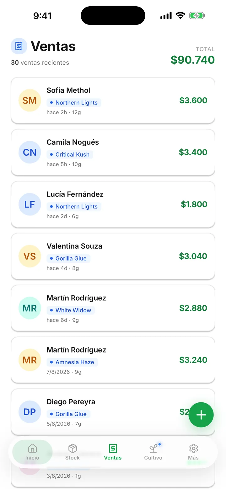 Pantalla de ventas: historial de ventas recientes con socio, variedad, gramos y monto